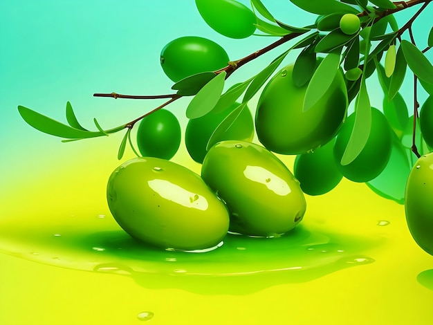 Photo olives et huile d'olive flottant sur un fond vert