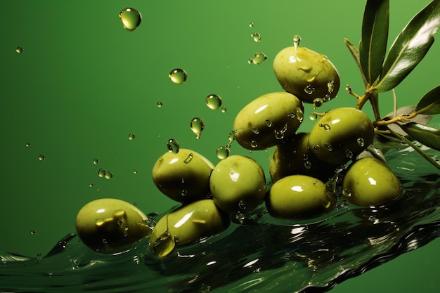 Olives et huile d'olive flottant sur fond vert