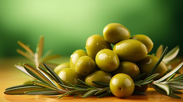 Olives et huile d'olive flottant sur fond vert