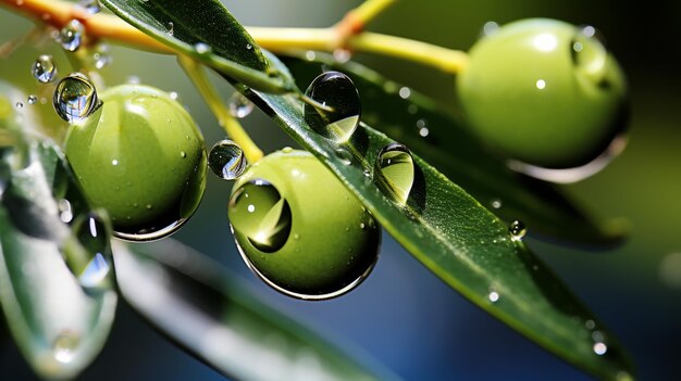 Olives et huile d'olive flottant sur fond vert