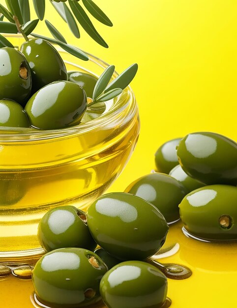 Olives et huile d'olive flottantes avec fond