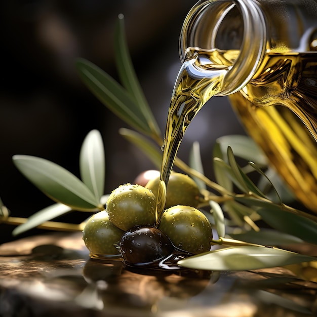 Photo olives et huile d'olive flottantes