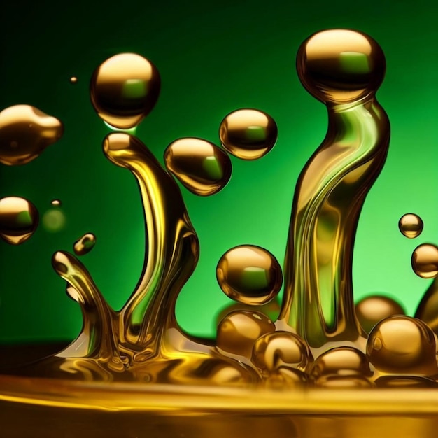 Des olives et de l'huile d'olive d'or liquide dansent sur une toile verte