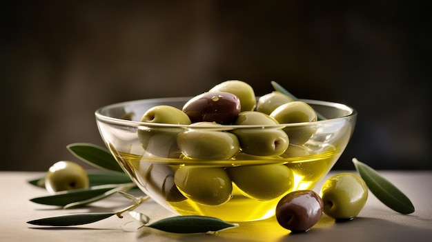 Les olives sont dans un bol avec de l'huile d'olive et des olives