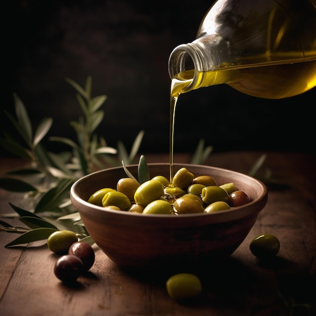 Les olives sont versées dans un bol avec des olives sur une table en bois.