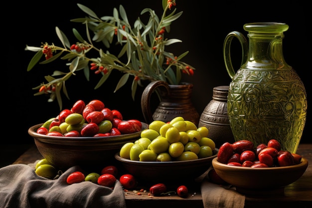 des olives sur une table à côté de l'huile