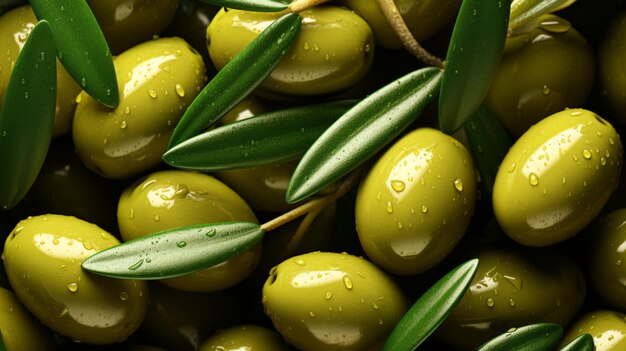 Photo olives vertes avec des feuilles en arrière-plan vue de haut gros plan