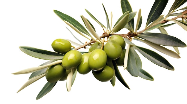Olives vertes avec des feuilles sur fond blanc