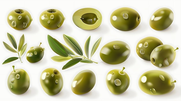 Olives vertes avec des feuilles isolées sur fond blanc Les olives sont de formes et de tailles différentes et les feuilles sont de différentes nuances de vert