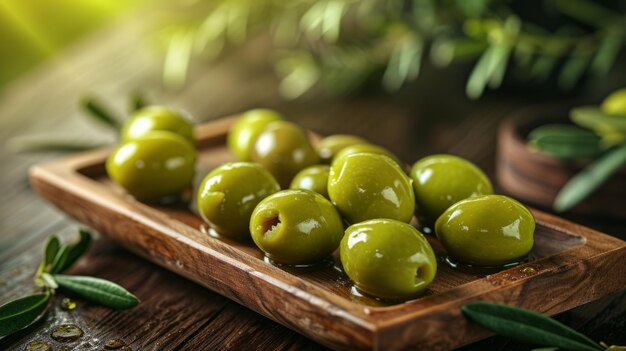 Des olives vertes sur un fond en bois