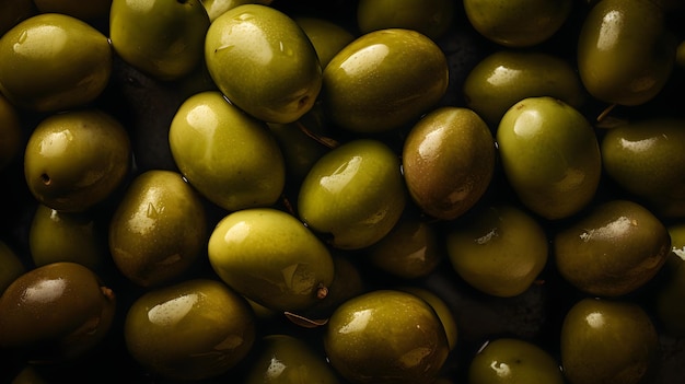 Olives vertes fraîches avec des éclaboussures d'eau et des gouttes sur fond noir