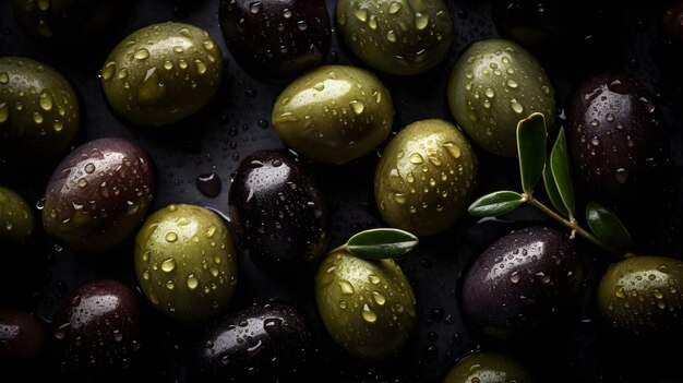 Photo olives vertes fraîches avec des éclaboussures d'eau et des gouttes sur fond noir