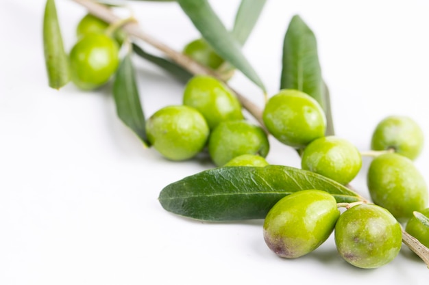 Olives vertes fraîches sur fond blanc