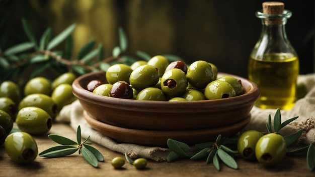 Photo olives vertes fraîches et huile d'olive