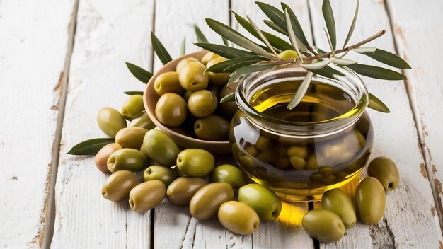 Olives vertes et huile d'olive dans un pot en verre avec une branche d'olivier vue de haut sur une planche en bois blanc