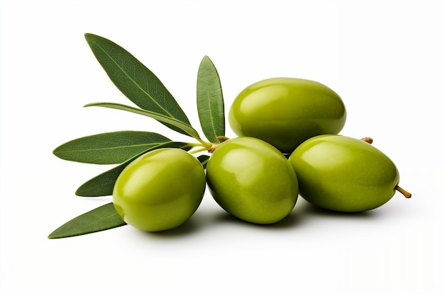 Olives vertes isolées avec feuilles fond blanc IA générative