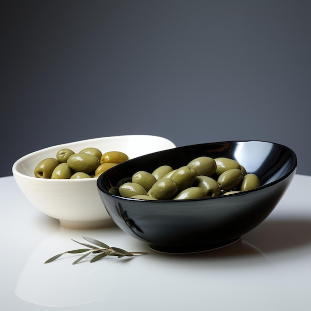 Olives vertes et olives noires fraîches et naturellement saines dans des bols bons pour la santé et les salades fraîches