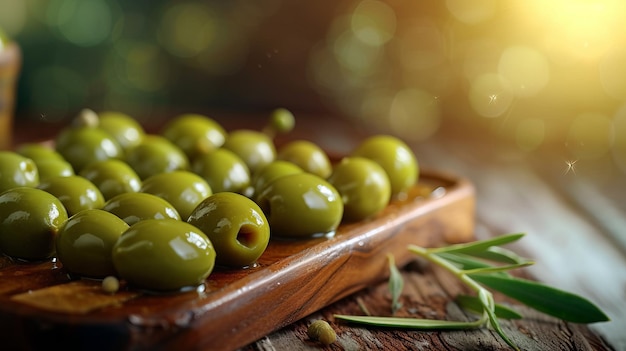 Des olives vertes sur un plateau de bois réaliste