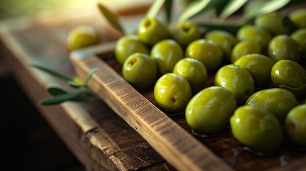 Photo des olives vertes sur un plateau en bois