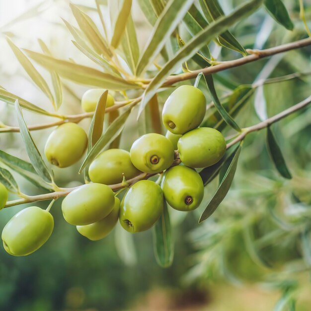 les olives vertes poussent sur une branche d'olivier dans le jardin, mise au point sélective