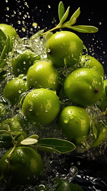 Photo les olives vertes sont pulvérisées avec de l'eau et les feuilles sont pulvérisés avec de leau