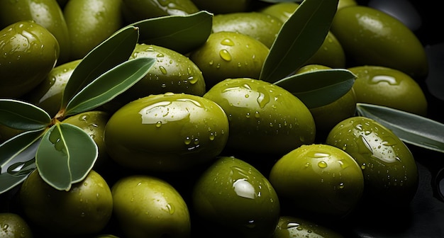 olives vertes sur une table en ardoise noire