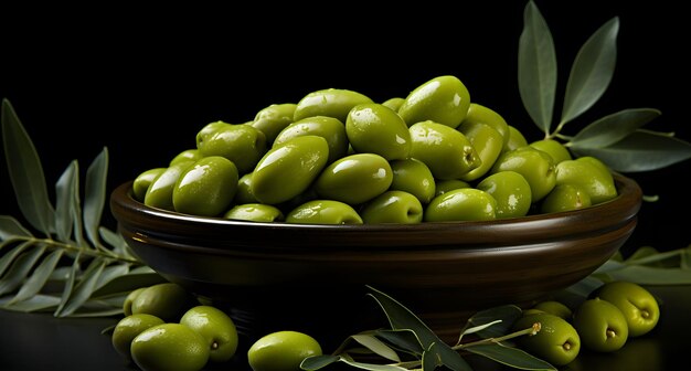 olives vertes sur une table en ardoise noire