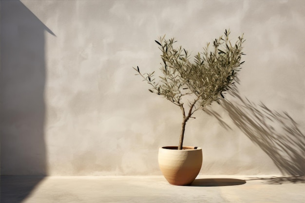 Un olivier dans un pot sur un fond de mur de béton 3D