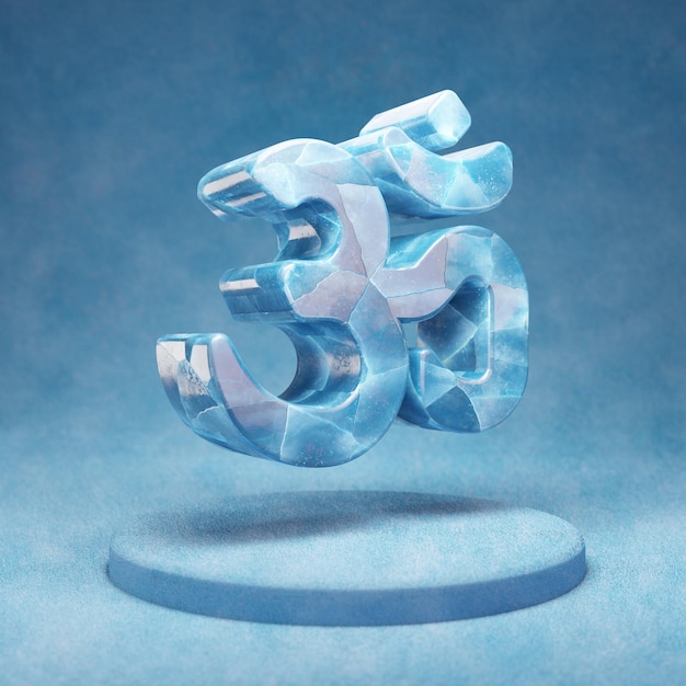 Om icône. Symbole Om de glace bleu craquelé sur le podium de neige bleue. Icône de médias sociaux pour site Web, présentation, élément de modèle de conception. rendu 3D.