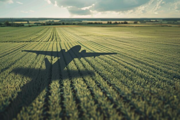 Photo l'ombre de l'avion sur le champ agricole concept de décarbonisation et de biocarburant