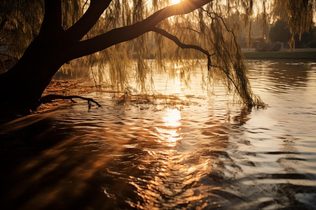 Photo l'ombre d'un beau saule dans l'eau dans un parc sylvain