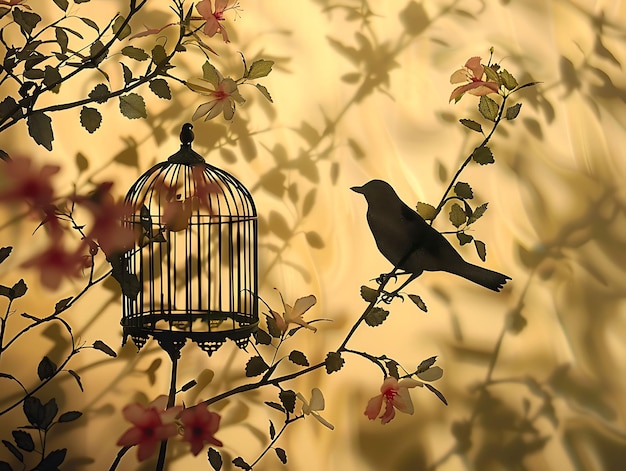 L'ombre de la cage d'oiseau comme silhouette sur le mur Photo complexe et créative de l'arrière-plan élégant