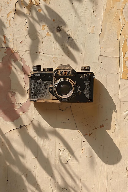 L'ombre de la caméra sur le mur vintage et artistique avec une photo créative de Sepia d'un fond élégant