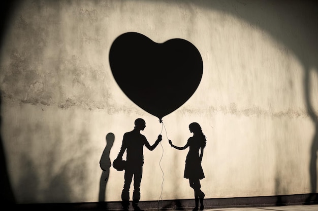 Ombre d'un couple tenant un ballon en forme de coeur