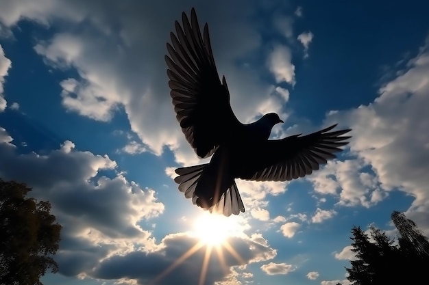 Ombre de Dashing Dove Pigeon étendant ses ailes Voler en liberté au soleil éclatant