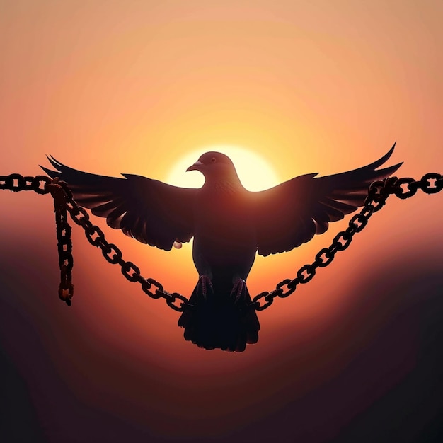 L'ombre du pigeon de libération de l'aube brise les chaînes, ce qui signifie la liberté, toile de fond du soleil du matin pour Social Med