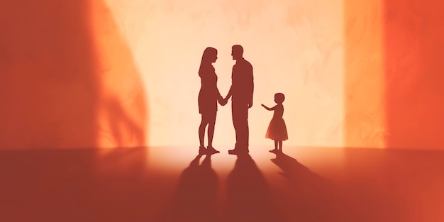 L'ombre d'une famille heureuse ensemble Les parents avec leur petit bébé au coucher du soleil Une silhouette d'amour et d'unité