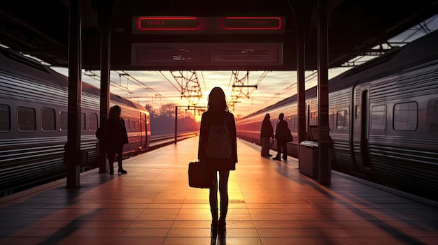 L'ombre d'une femme solitaire se promener dans une gare observée de l'arrière