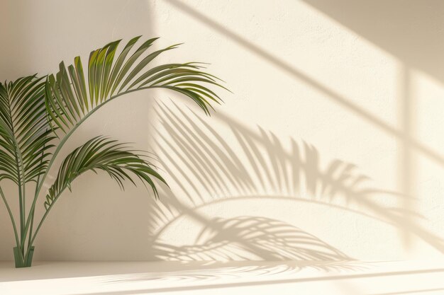 Ombre de feuille de palmier sur mur blanc et sol crème Maquette d'été tropical