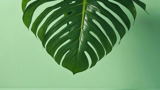 L'ombre d'une feuille tropicale monstera sur un fond vert clair sur l'espace de copie gauche