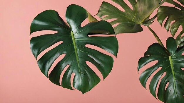 L'ombre d'une feuille tropicale monstera sur un fond vert clair sur l'espace de copie gauche