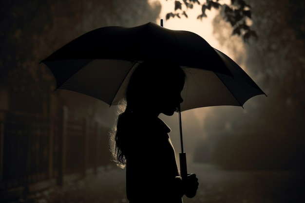 L'ombre d'une fille tenant un parapluie sous la pluie représentant la protection et la préparation