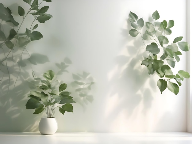 Ombre floue des feuilles des plantes sur le mur blanc Arrière-plan abstrait minimal pour la présentation du produit Printemps et été