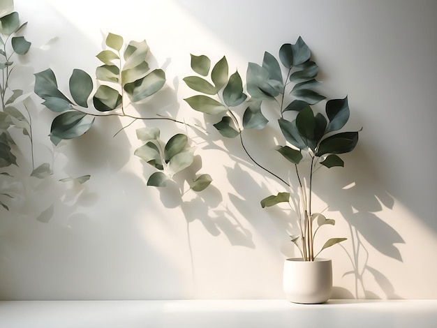 Ombre floue des feuilles des plantes sur le mur blanc Arrière-plan abstrait minimal pour la présentation du produit Printemps et été