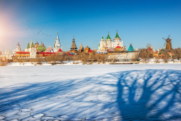 L'ombre d'un grand arbre dans la neige près du Kremlin d'Izmailovo à Moscou une journée ensoleillée d'hiver