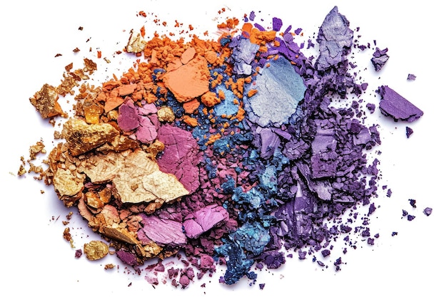 L'ombre d'œil cassée isolée la palette de maquillage écrasée la texture du pigment brillant naturel écrasée