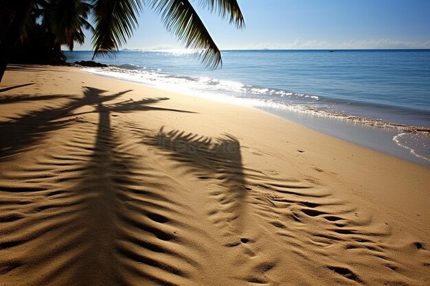 L'ombre d'un palmier à coco sur une plage de sable