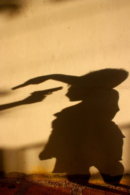 Photo les ombres d'amis jouant avec des armes contre le mur.