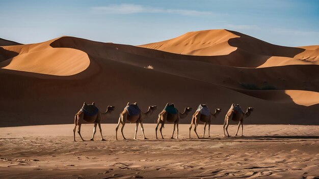 Photo les ombres des chameaux dans le désert du sahara merzouga