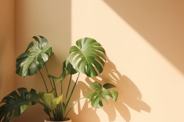 Des ombres projetées sur un mur de pièce pastel avec la lumière du soleil d'été tropical